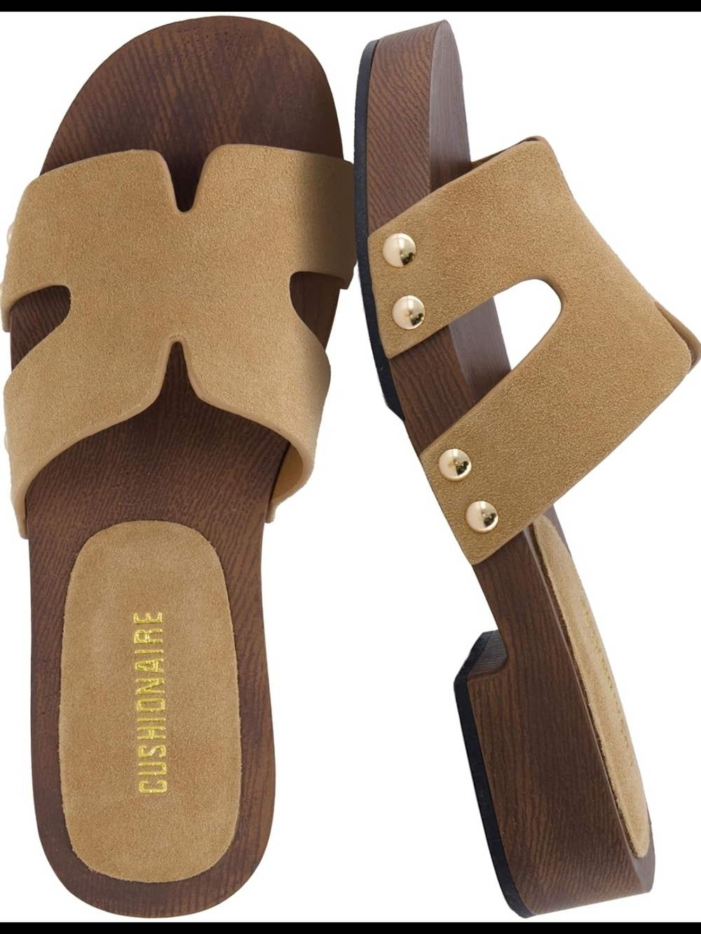 Cushionaire Tan Suede Slide Mules with Gold Stud Accents